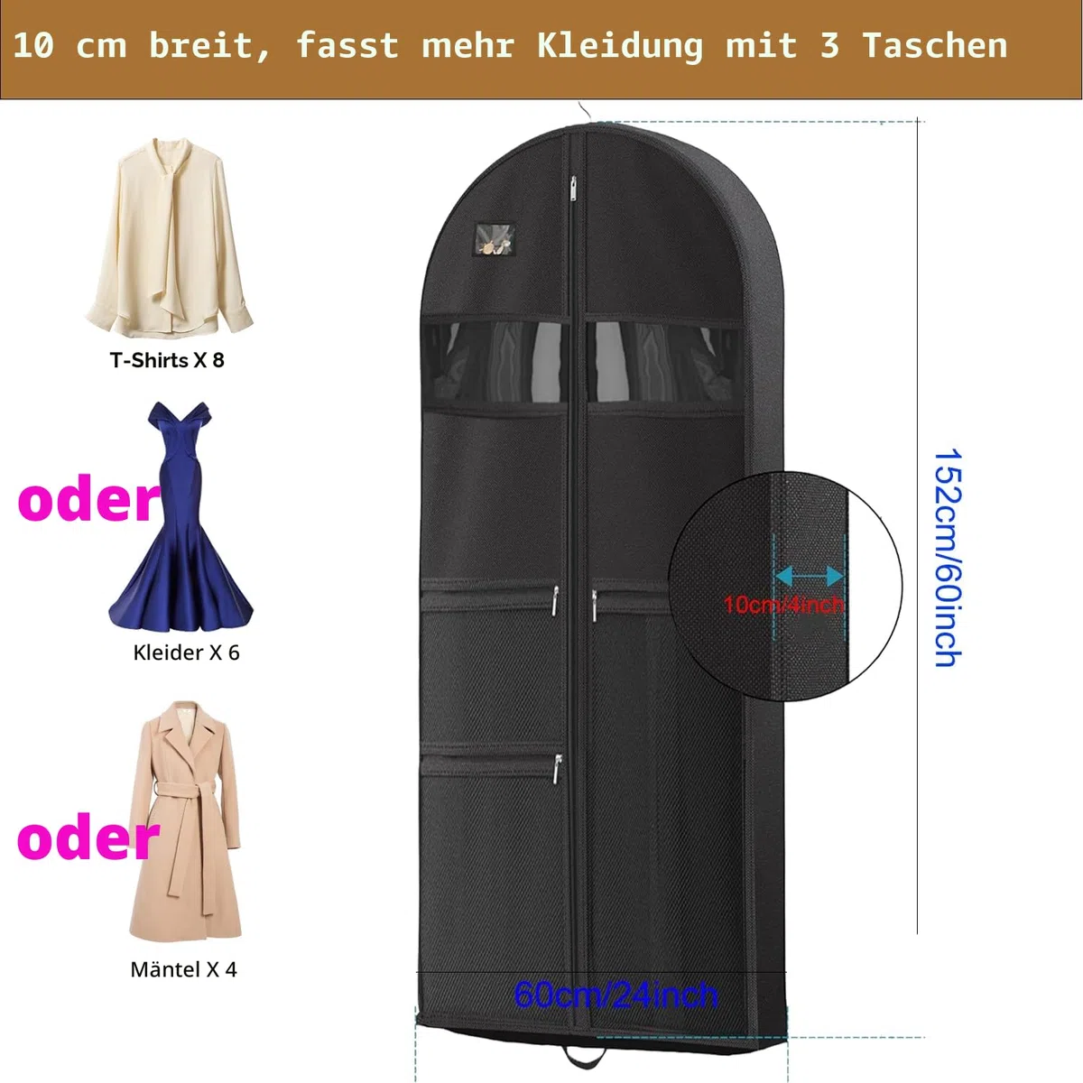 URMI Kleidersack Lang 152 x 60 x 10 cm, Kleidersack Hochwertig zum Aufhängen mit 3 Taschen und 10 cm Zwickel, Kleiderhülle für lange Kleidung, Mäntel, Trenchcoats, Kleider, Reise und Aufbewahrung