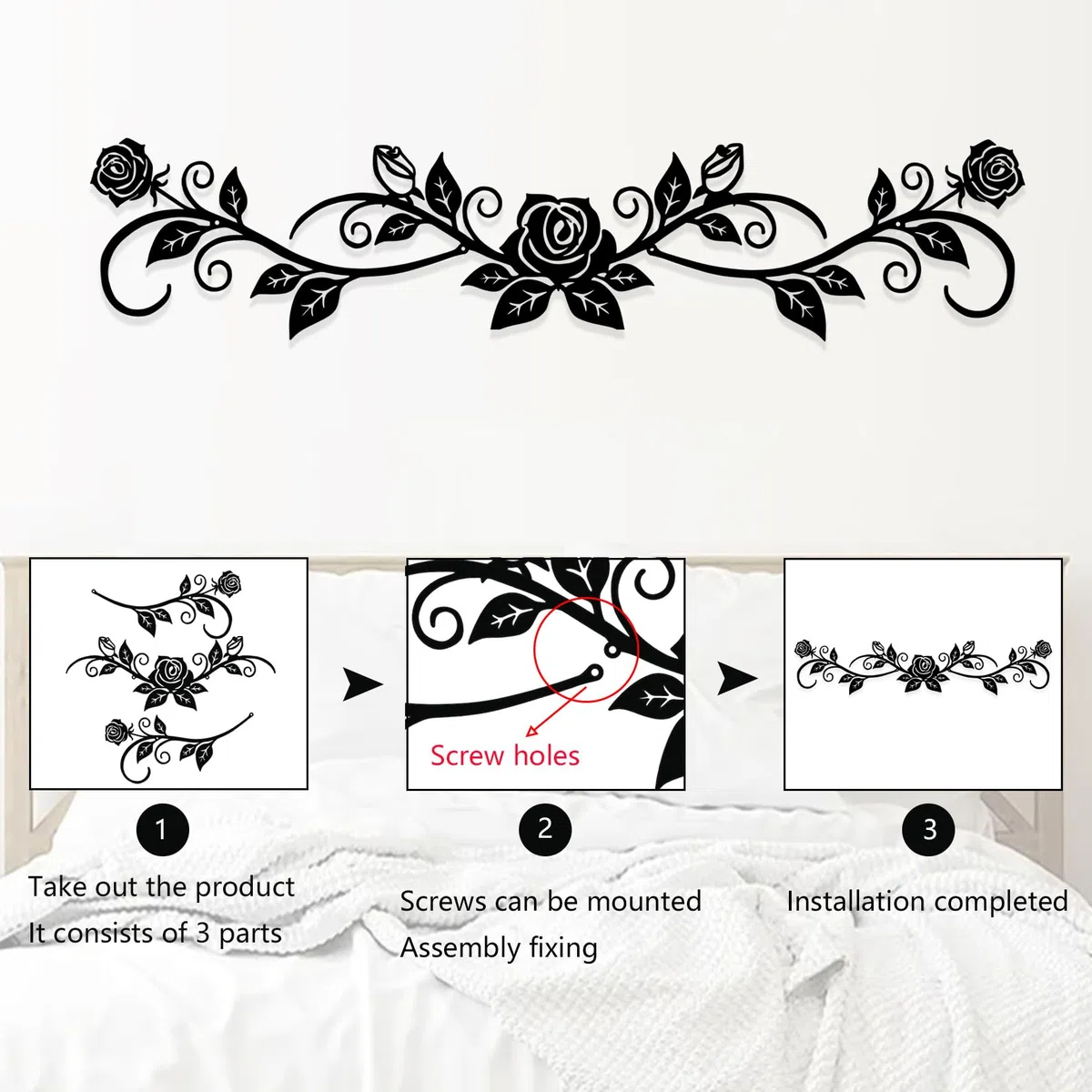 DUOOLN Groß Metall Wanddekoration,Langes Eisen Rosenblüte Ranken Dekor,Moderne Geometrische Wanddek, Schwarze Metall-Wanddekoration für Bauernh Zuhause, Schlafzimmer, Wohnzimmer (73.66 x 16 cm)