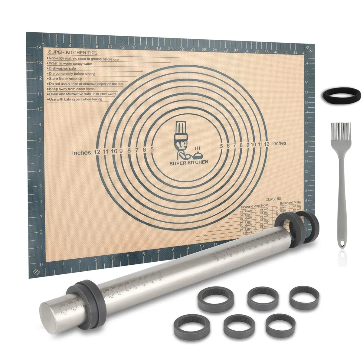 Nudelholz Edelstahl Teigroller mit Dicke-Verstellbares Ringe, Antihaft Teigrolle Rolling Pin, Backunterlage Silikon Backmatte 50x40cm Ausrollmatte Teigmatte Silikonmatte Teigunterlage für Fondant Grau