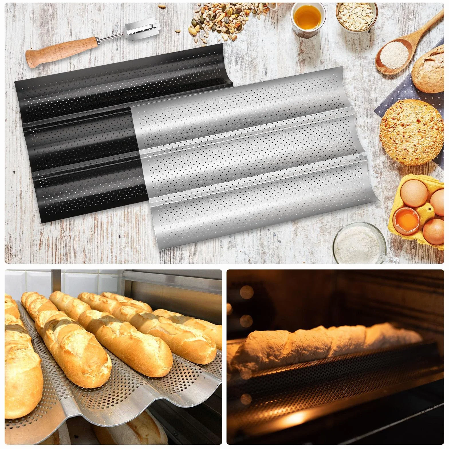 BORDEAG Baguette Backform, 2er Set Baguetteblech für 3 Baguettes mit Bäckermesser, Antihaftbeschichtung Baguette-Backblech, Baguette Blech, Brot Backen Zubehör, 38x24cm