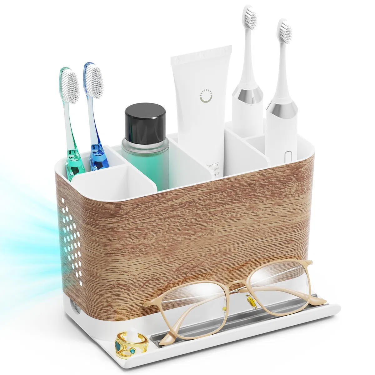 Zahnbürstenhalter Familie Groß Holzoptik Zahnbürsten Organizer mit Telefonhalter und Verstellbaren Trennwänden, Kabelfreundlicher 6 Fächer Zahnputz Organizer mit Ablauf für Familie, Kinder