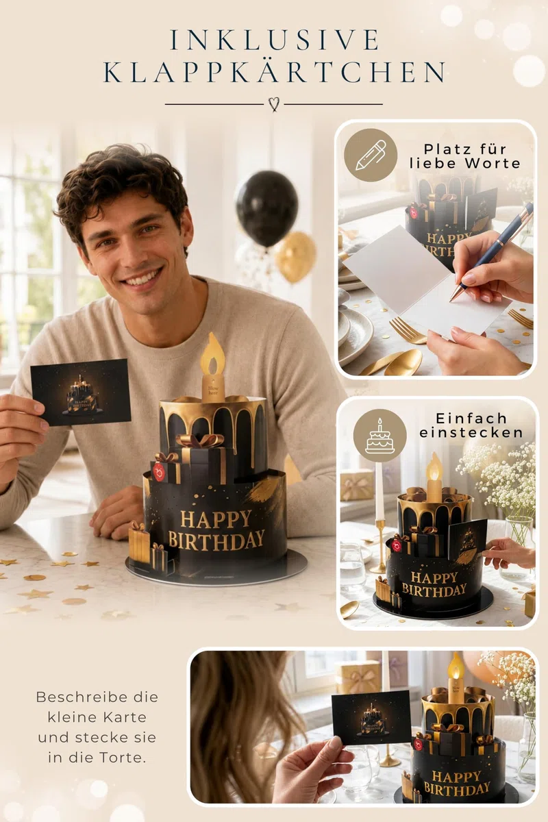 Joli Coon Geburtstagskarte mit Musik und Licht und ausblasbarer Kerze - Geburtstagsgeschenk für Männer - 3D Pop up Geburtstagskarte - Happy Birthday Karte mit Musik - 20 x 24 cm