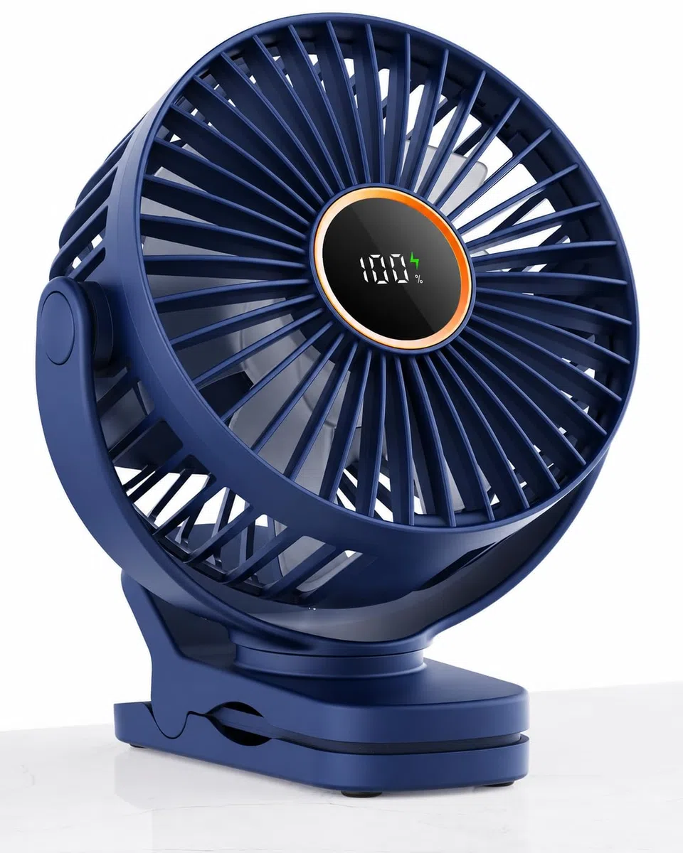 TUNISE USB Ventilator mit Clip, Mini Ventilator 3 Stufen 4,5 m/s, 2000mAh Akku 9,5Std Laufzeit, Tischventilator für Büro Kinderwagen Bett Camping,Blau