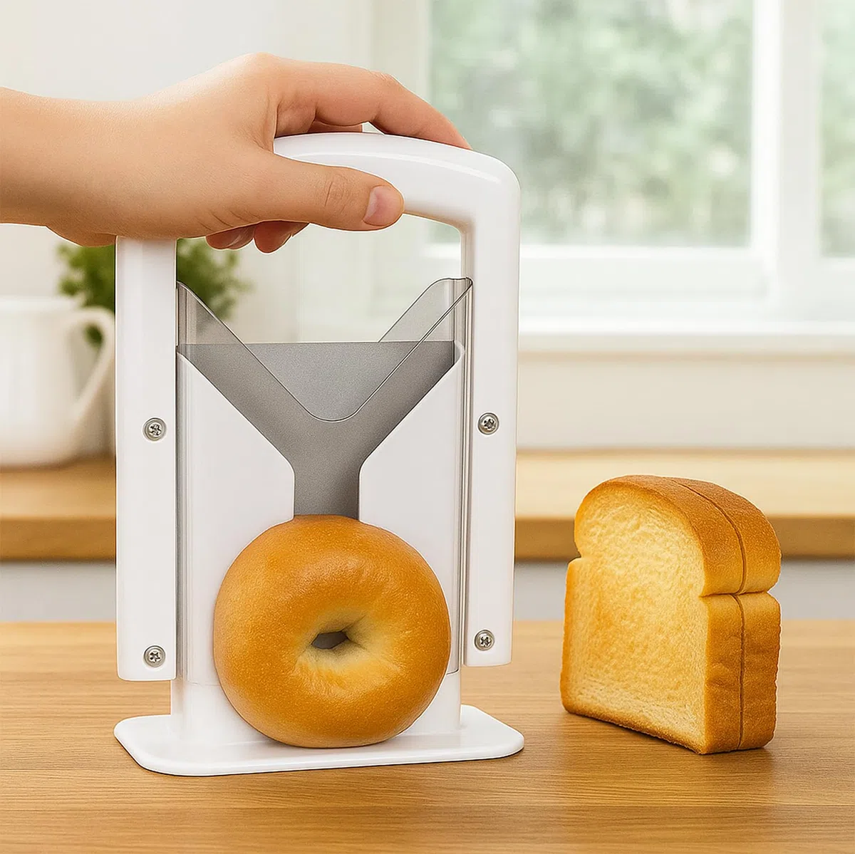 Bagelschneider 22 × 18 cm – Klinge aus Edelstahl mit Sicherheitskörper aus Kunststoff – Brot-, Muffin- und Toastschneider – antihaftbeschichtet, kompakt & leicht zu reinigen – Weiß/Rot/Schwarz