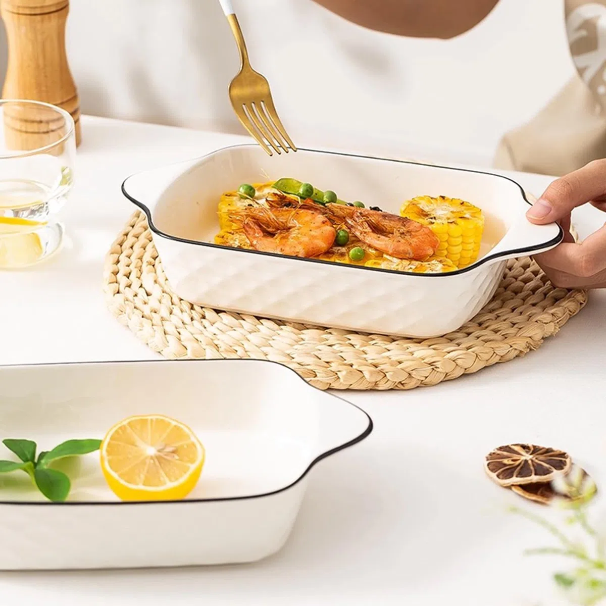 Auflaufform Kleine 2er Set,26cm Lasagneform, Rechteckige Keramik Backformen mit Griffen, Keramik-Backform, Ofenform für je 1 Portion,Servierschalle für Suppen, Obst
