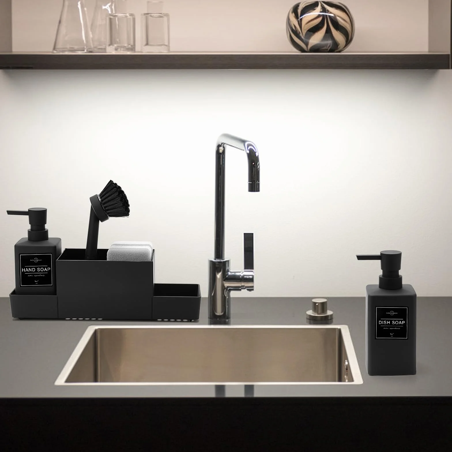 CAUTIOUS 350ML Seifenspender Schwarz Matt Spülbecken Organizer Spülmittelspender Küche Kunststoff Spülmittelspender mit Bürste und Spülschwamm Soap Dispenser Ausgestattet mit 3 Pumpenköpfen