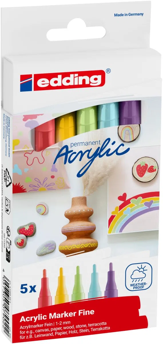 edding 5300 Acrylic Rainbow Set – 5 Acrylmarker bunt – wasserfeste Acrylstifte – feiner Rundspitze 1-2 mm – Acryl Farben in farbenfroher Auswahl zum Bemalen von Leinwand, Papier, Holz & Stein