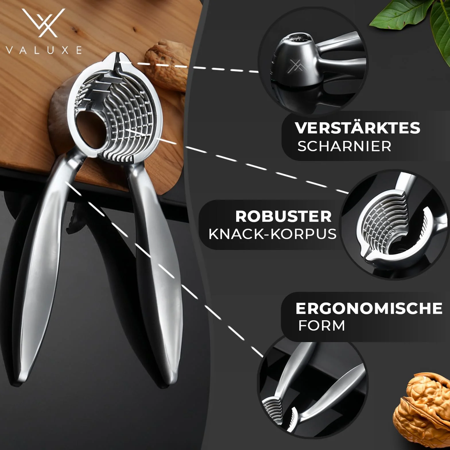 VALUXE® Premium Nussknacker PRO - VERBESSERTES Modell 2025 mit rutschfestem Griff - Exklusiver Walnussknacker knackt Jede Walnuss mit Genuss - Nusszange, Walnussöffner, Nussöffner