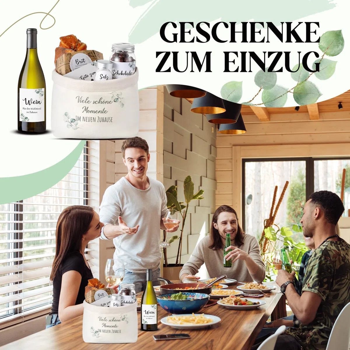 Sinmoe Geschenk zum Einzug Einzugsgeschenke Haus Brotkorb Brot Salz Wein Aufkleber Geschirrtuch Kochlöffel Einweihungsgeschenk zum Wohnung Richtfest(Eukalyptus,Viele schöne Momente im neuen Zuhause)