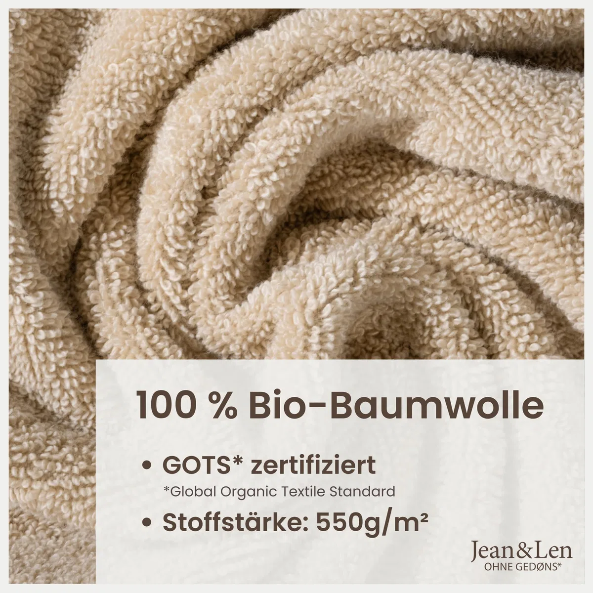 Jean & Len Gästehandtuch Set aus 100% Bio-Baumwolle, in der Farbe beige, mit Aufhänger, Oeko-TEX und GOTS Zertifiziert, Markenlabel aus veganem Leder, 6 x Gästehandtücher 30x50 cm