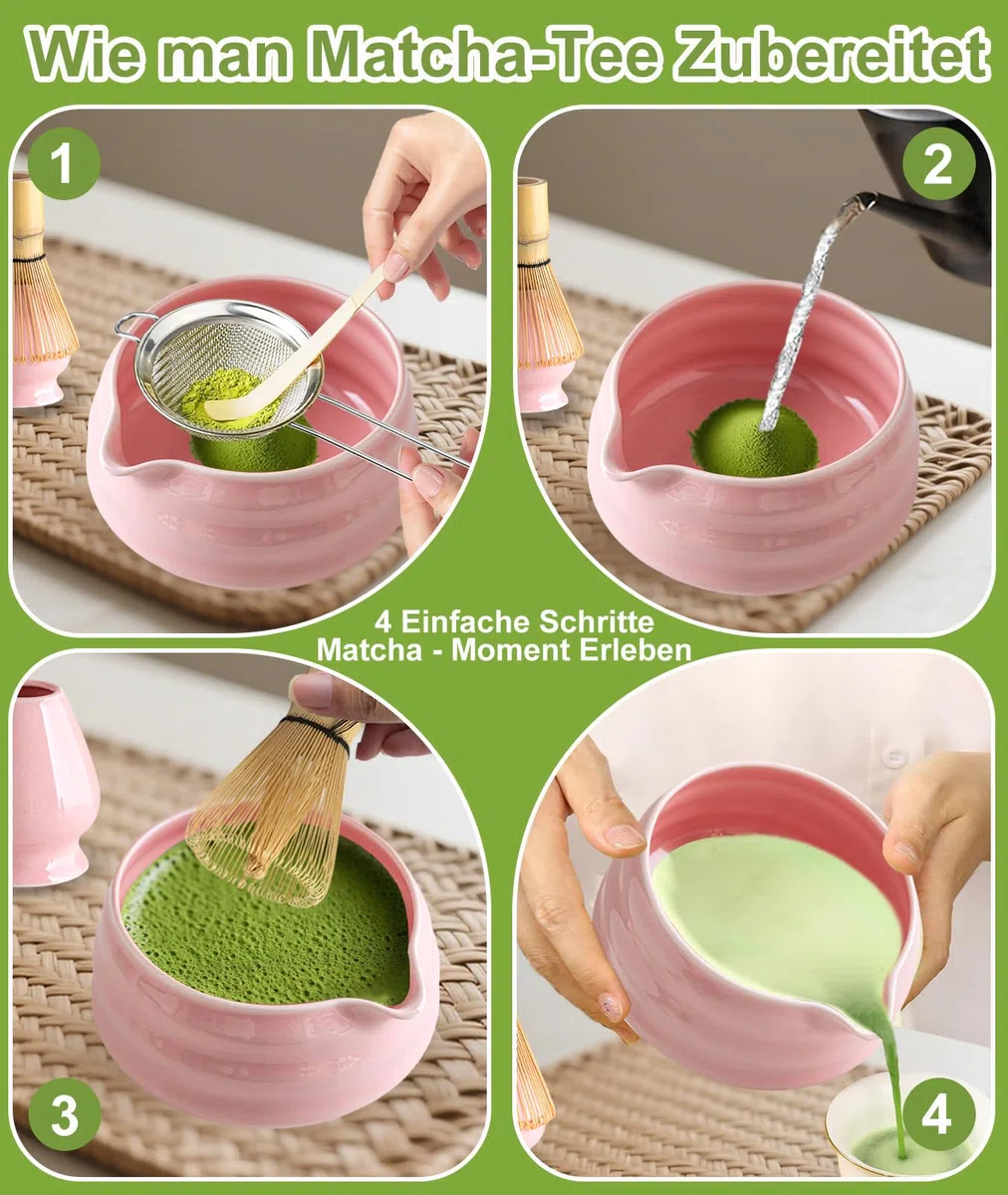 JBER Matcha Besen Set, Matcha Set Rosa 7-Teiliges - Bambus Matcha Besen und Besenhalter, Matcha Schale mit Auslauf, Sieb, Löffel und Halter, Japanisches Matcha Tee Set für Matcha-Liebhaber - Pink