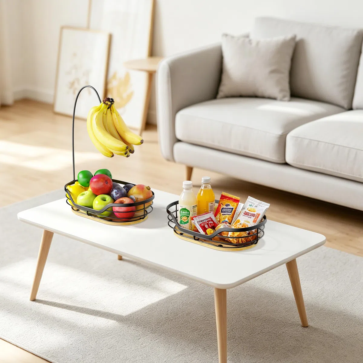 Dvocel Obstkorb mit Bananenhalter Obstschale Metall mit Bambusboden Früchtekorb für Küche Arbeitsplatte & Tisch Moderner Obstständer für Obst, Gemüse, Brot & Snacks, Obstkorb Schwarz