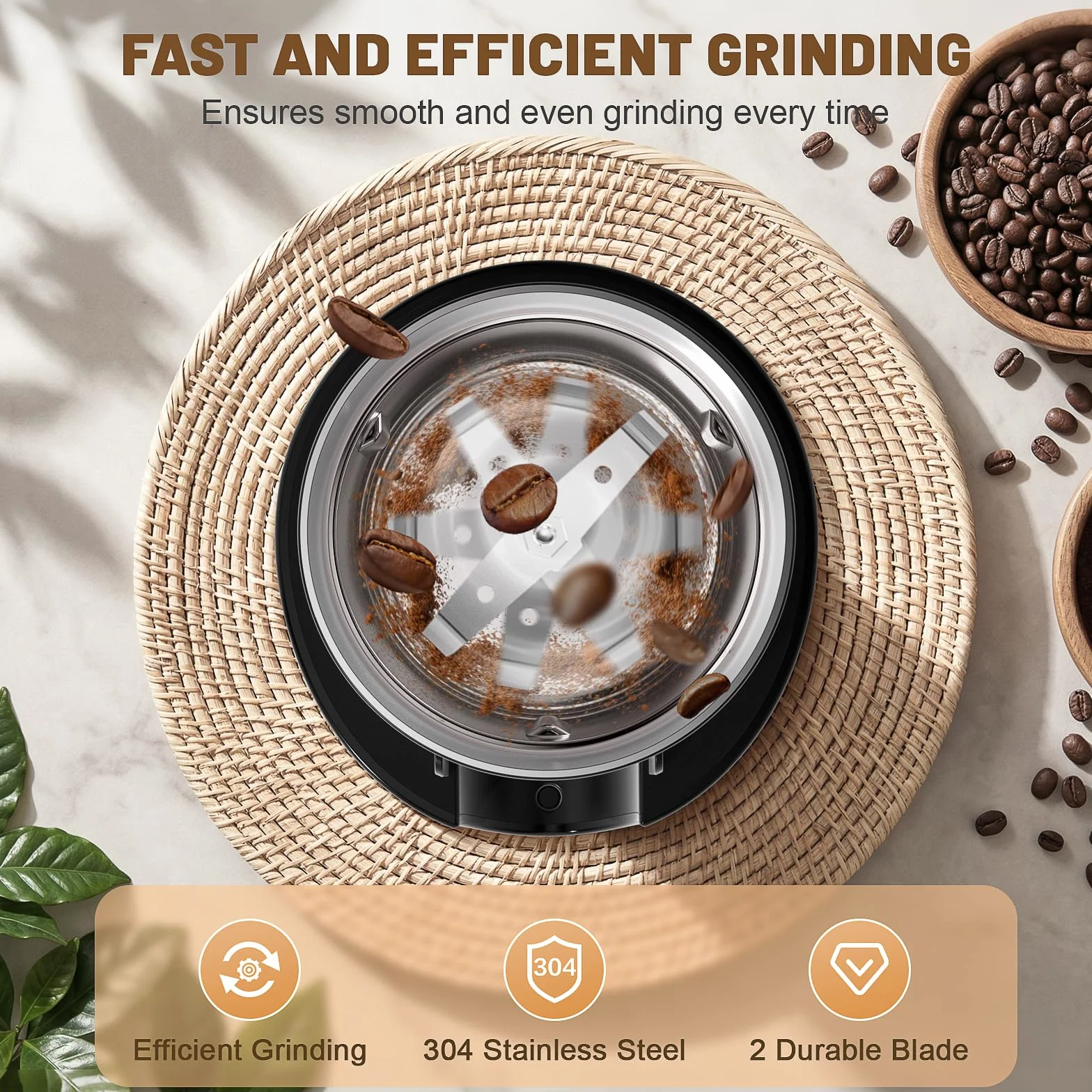 Elektrische Kaffeemühle 300W 80g für Kaffeebohnen und Gewürze | Kaffeemühle 304 Stahlklingen Kaffeebohnen Klingen One-Touch Bedienung Sicherheitsdeckel geeignet für Nüsse Körner Samen