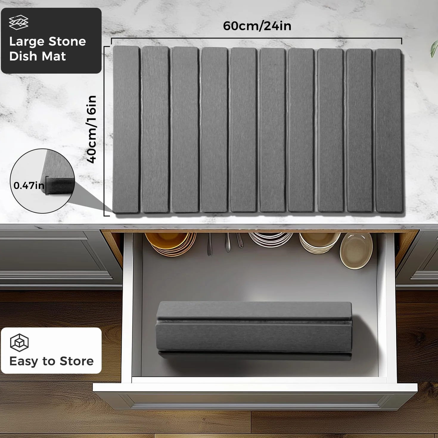 Abtropfmatte Geschirr, 60x40cm Wasserabsorbierende Kieselgur Matte Küche, Faltbare Spülbeckenmatte Abtropfmatte Kaffeemaschine Schnelltrocknende Matte Küche für Geschirr Tassen (Dunkelgrau, 60x40cm)