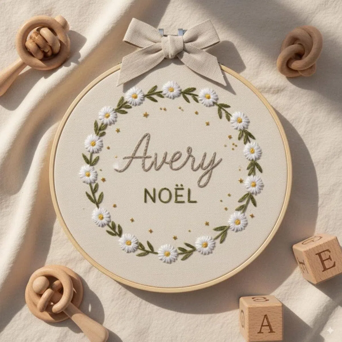 Personalisierte Boho-Stickrahmen mit Blumennamen, personalisiertes Geschenk für Neugeborene oder Babyparty, individuelles Basteln, Kinderzimmer-Dekoration (20 cm)