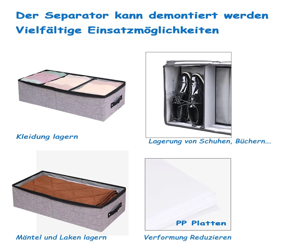 AARAINBOW Stoff Unterbettkommode mit Verstellbaren Zellen, Unterbett Schuhe Aufbewahrungsbox mit Deckel, 2 Stück, 24L, 58 cm, Faltbare Unterbett Schuhe Kleidung Aufbewahrung mit Griff (2 Grau)