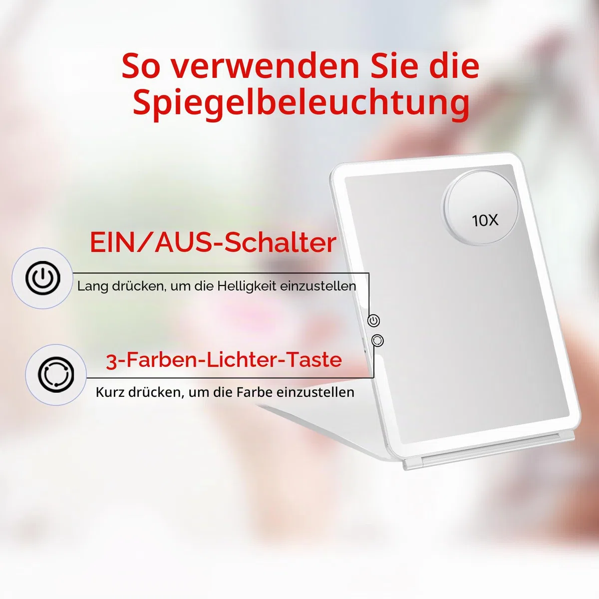 FUNTOUCH Kosmetikspiegel mit Beleuchtung, 1X 10X Spiegel Vergrößerung, 2500 mAh USB Aufladbarer Beleuchteter Reisespiegel, 3 Farben Winstellbarer Led Schminkspiegel, Make up Spiegel für Reisen (Weiß)