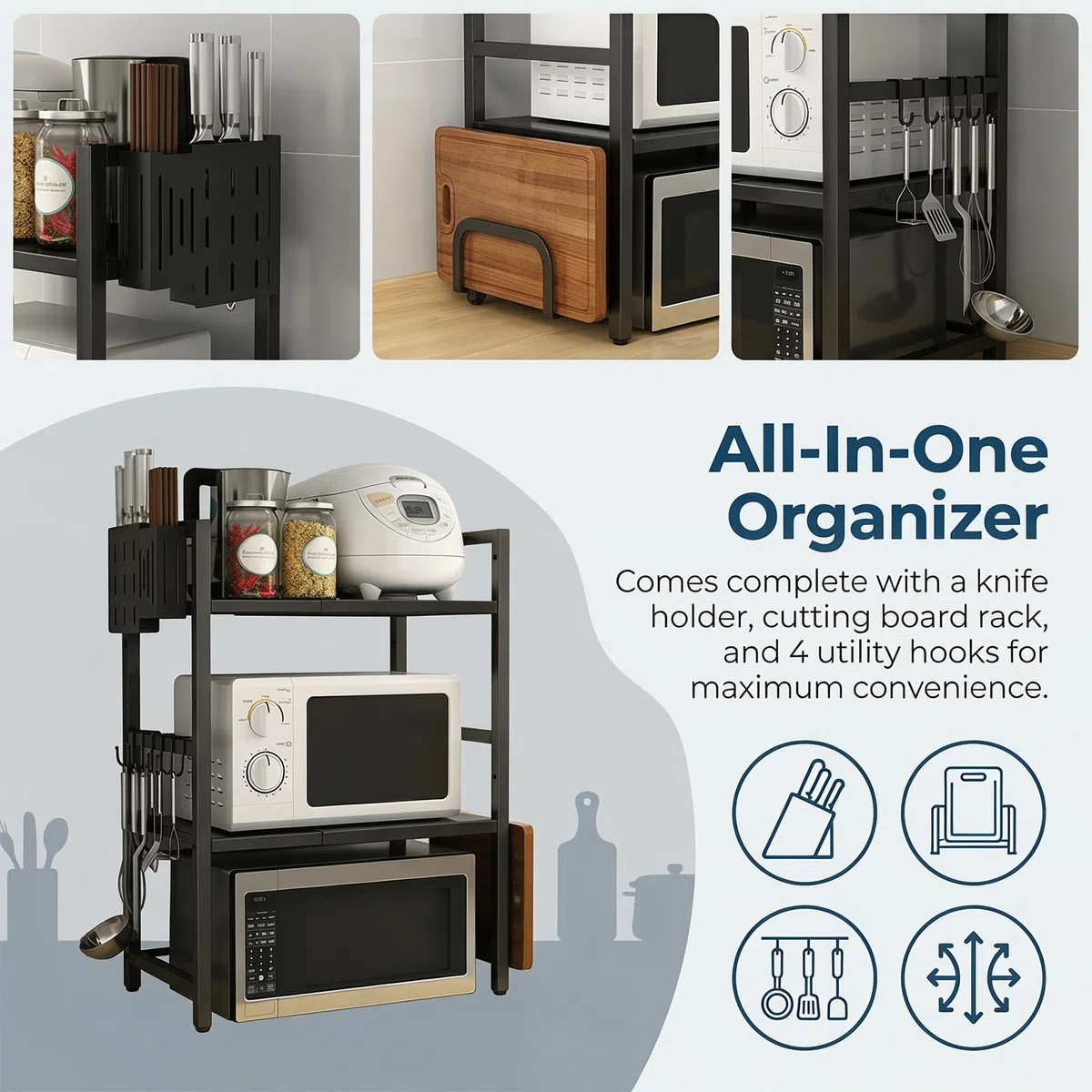 Erweiterbares Mikrowellen Regal, 3-Stufig Küchen Mikrowellenständer mit 4 Haken, Küchenregal Stehend für Arbeitsplatte aus Kohlenstoffstahl für Heißluftfritteuse, Toaster, Schwarz
