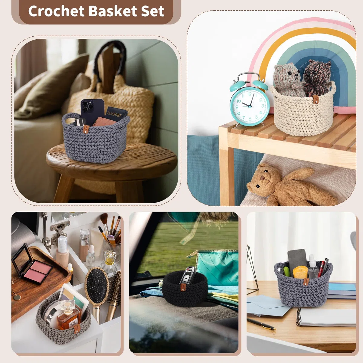 Aeelike 2Pcs Square Häkelkorb Häkelset für Anfänger, Starter Häkelset mit Häkelnadeln 4,5mm 4,0mm, 4 Häkelgarn, Zubehör, Praktisch Häkeln Set Häkelpaket mit 3-Sprachen-Anleitung, Dunkelgrau