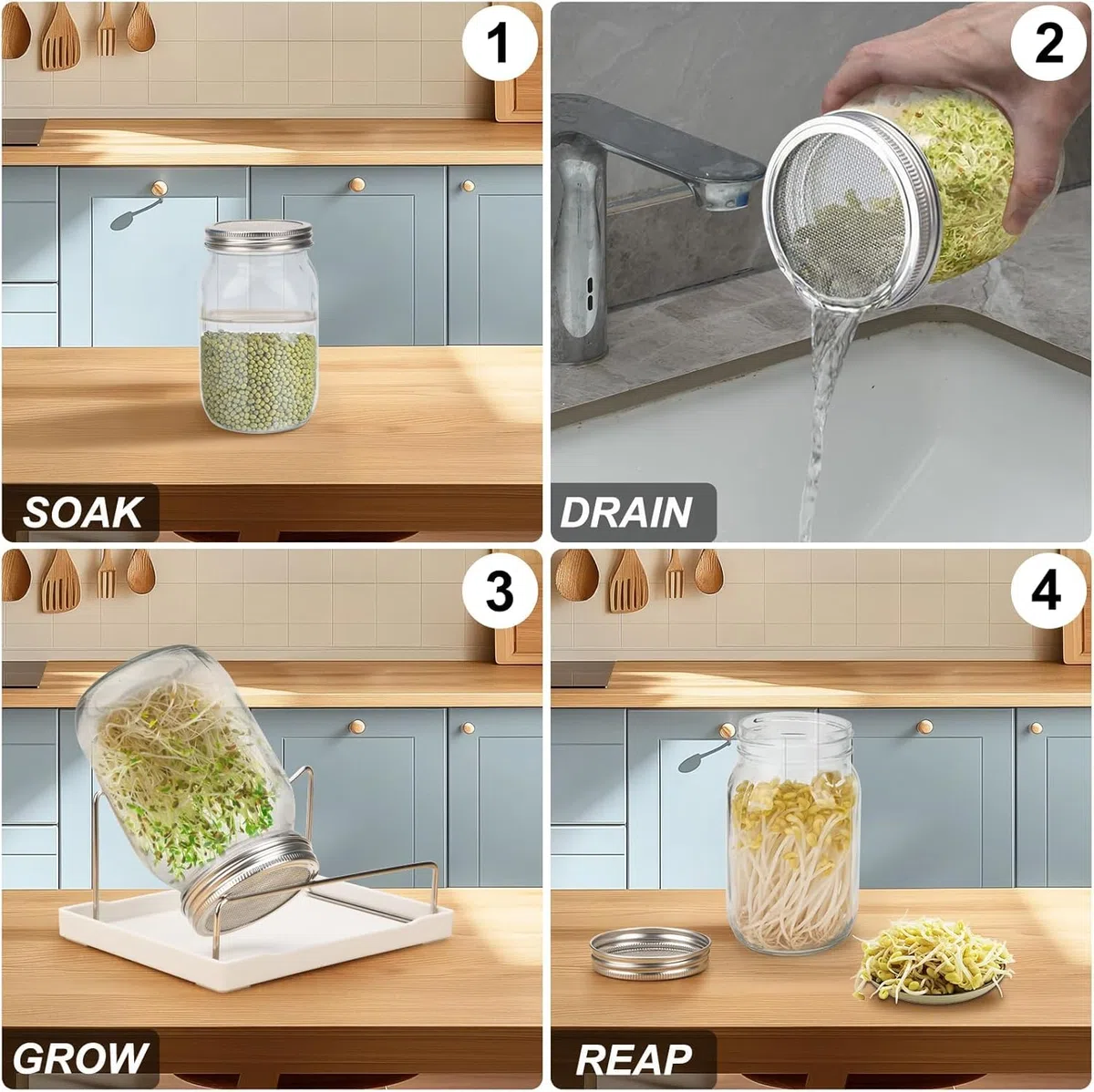 Sprossenglas, Sprossen Keimglas 2er Set, Sprouting Jar mit Deckel, Sieb & Abtropfschale, Sprossen Keimgerät für Alfalfa Kresse Brokkoli Mungobohnen
