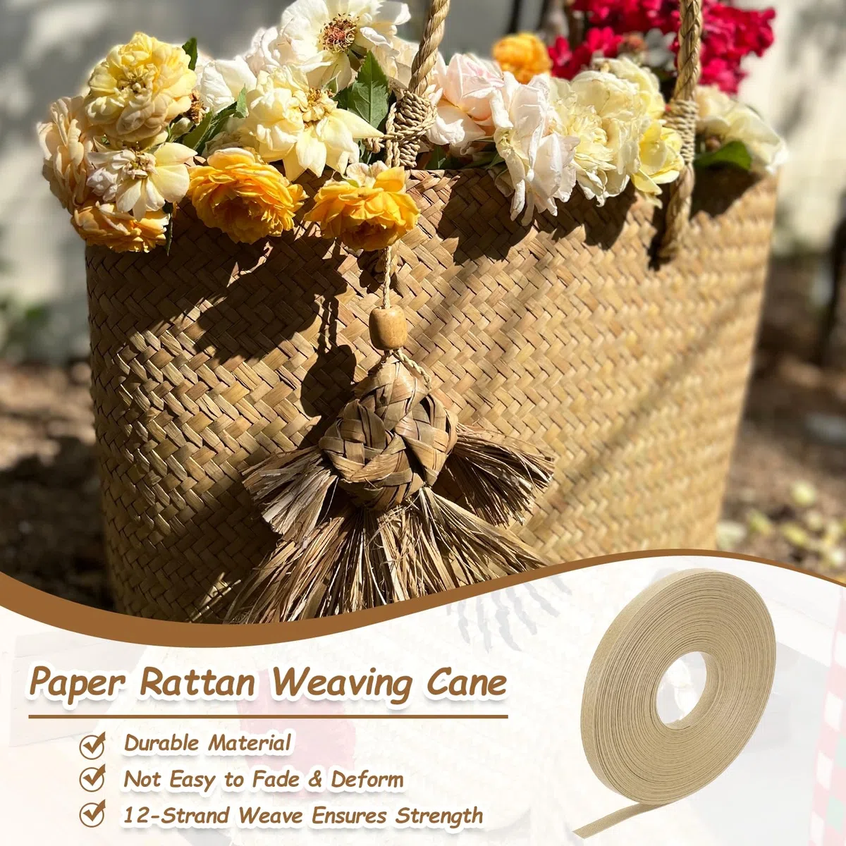 PATIKIL 27,3 Yards x 0,6" Papier Rattan Flechtband 12-Strang Papier Rattan Flechtmaterial Für DIY Heim Küchen Deko Körbe Basteln Hell Khaki