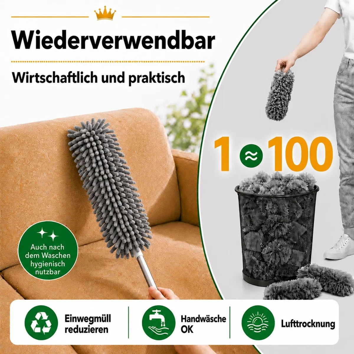 Staubwedel Teleskop 250 cm, 7-teiliges Waschbares Mikrofaser-Reinigungsset, Staubwischer lang ausziehbar, Spinnenwebenentferner für hohe Decken, Jalousien & Ecken