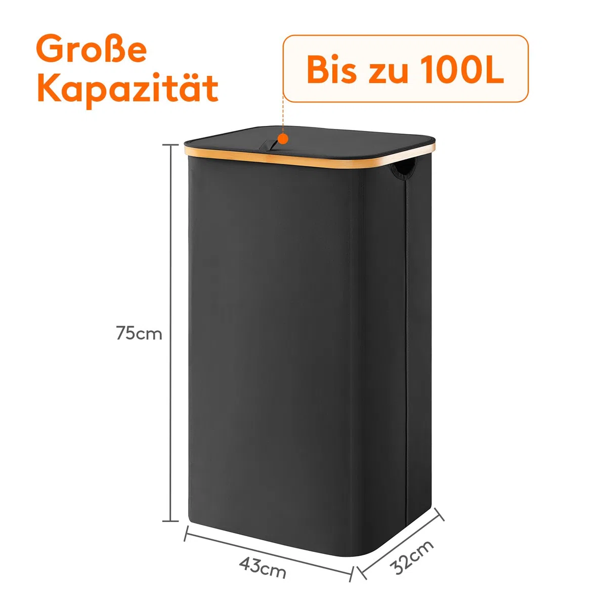 Lifewit 100L Wäschekorb mit Deckel, Wäschekörbe für Wäsche mit Bambus Griffe und Eine Abnehmbare Wäschesack, Große Faltbare Wäschekorb für Schlafzimmer, Bad, Schlafsaal, Waschküche, Schwarz