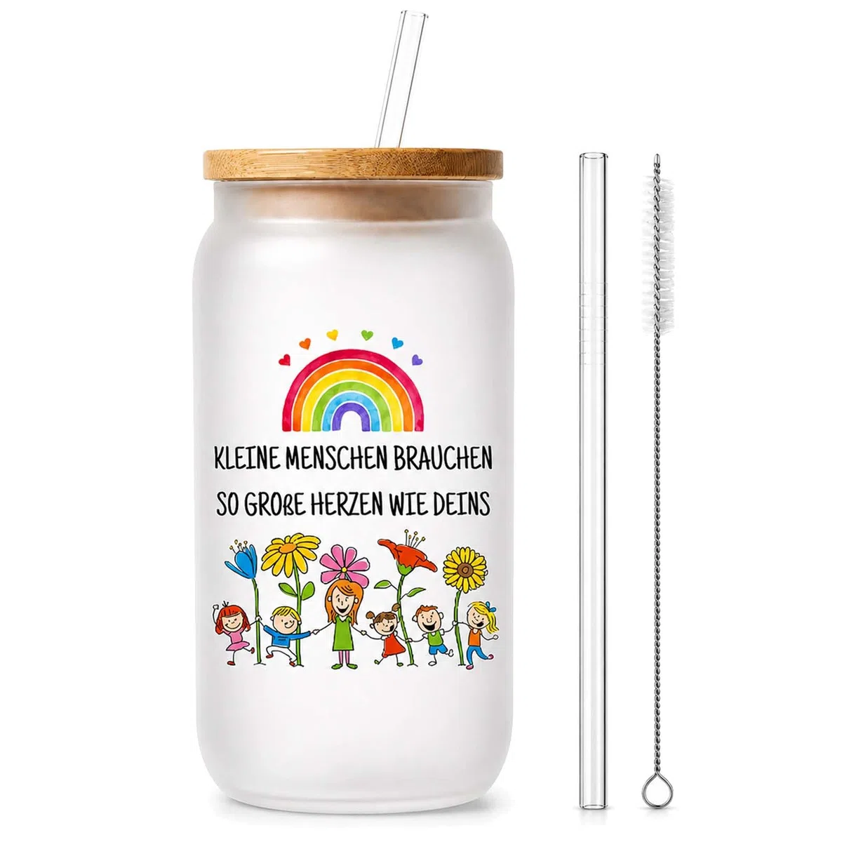 AHEJIOO Abschiedsgeschenk Erzieherin, Abschiedsgeschenk Lehrerin Grundschule, Dankeschön Geschenke, 500ml Trinkglas Mit Bambusdeckel Strohhalm Bürste Für Kita Schule Abschied Danke