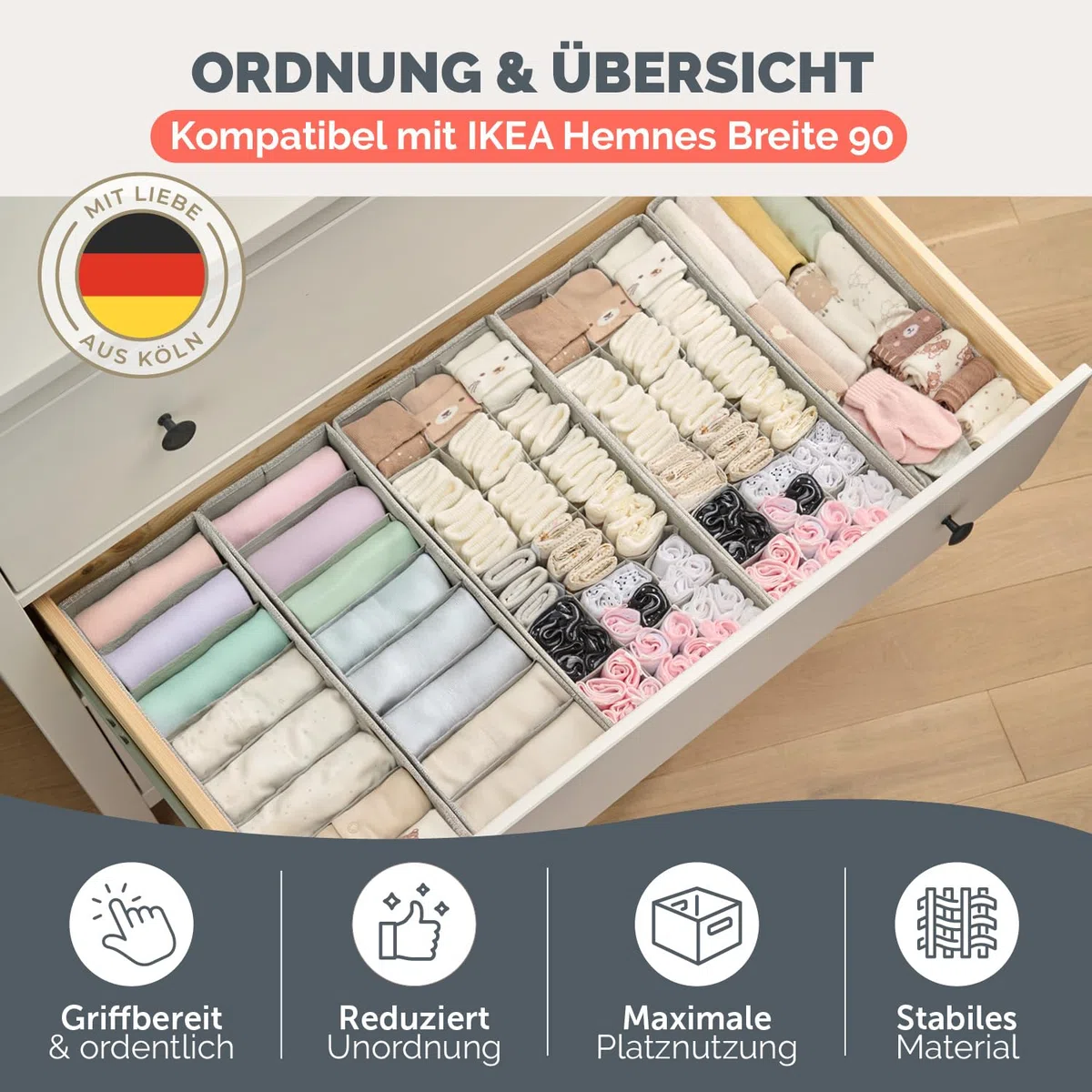 Blumtal Organizer Ordnungssystem Kleiderschrank 5er Set passend für HEMNES - 5 versch. Kleiderschrank Organizer für HEMNES Kommoden - Faltboxen für BHs, T-Shirts - Socken Aufbewahrung - Organizer Grau