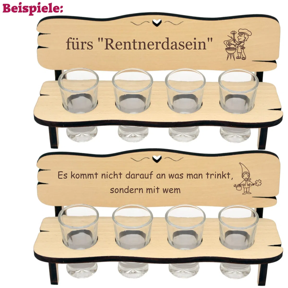 Geschenk zur Rente - die originelle Schnapsbank für Rentner mit Gravur - 2 oder 4 Gläser - Rentnerbank als Rentnergeschenk für Mann und Frau im Ruhestand, Pensionierung, Lebensabend
