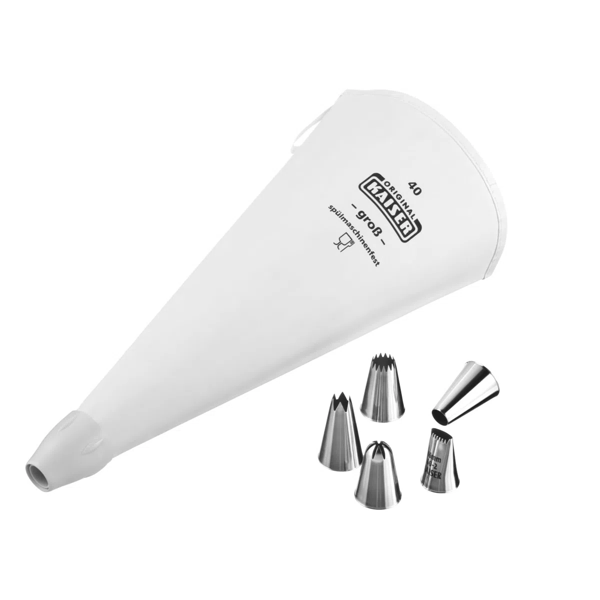 Original Kaiser La Forme Plus Spritzbeutel Set 7-teilig, Spritzbeutel wiederverwendbar groß mit Tüllen, Adapterund 5 Spritztüllen, kochfest, Schneidehilfslinie, Weiß /Silber