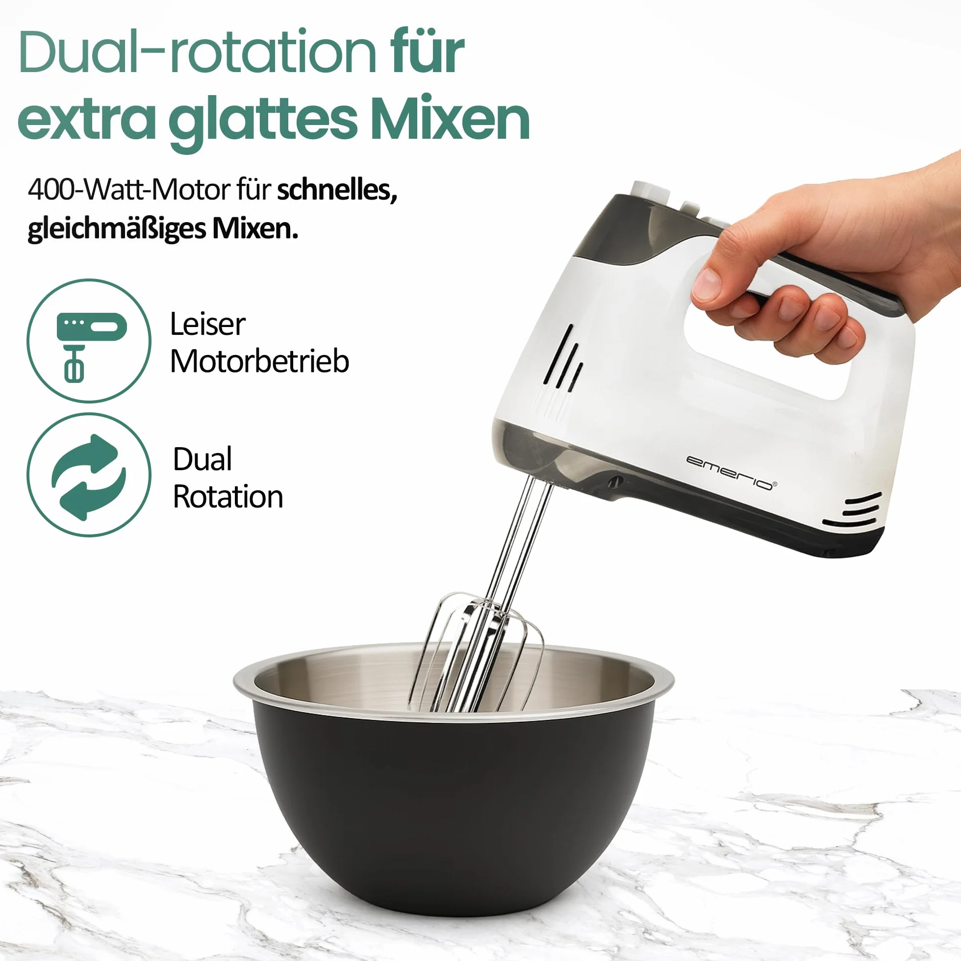 EMERIO elektrischer Handmixer Handrührer Mixer Handrührgerät mit 400 Watt 5 Geschwindigkeiten & Turbotaste extra lange Schneebesen + Knethaken aus Edelstahl (geschirrspülgeeignet) BPA-frei HM-130365