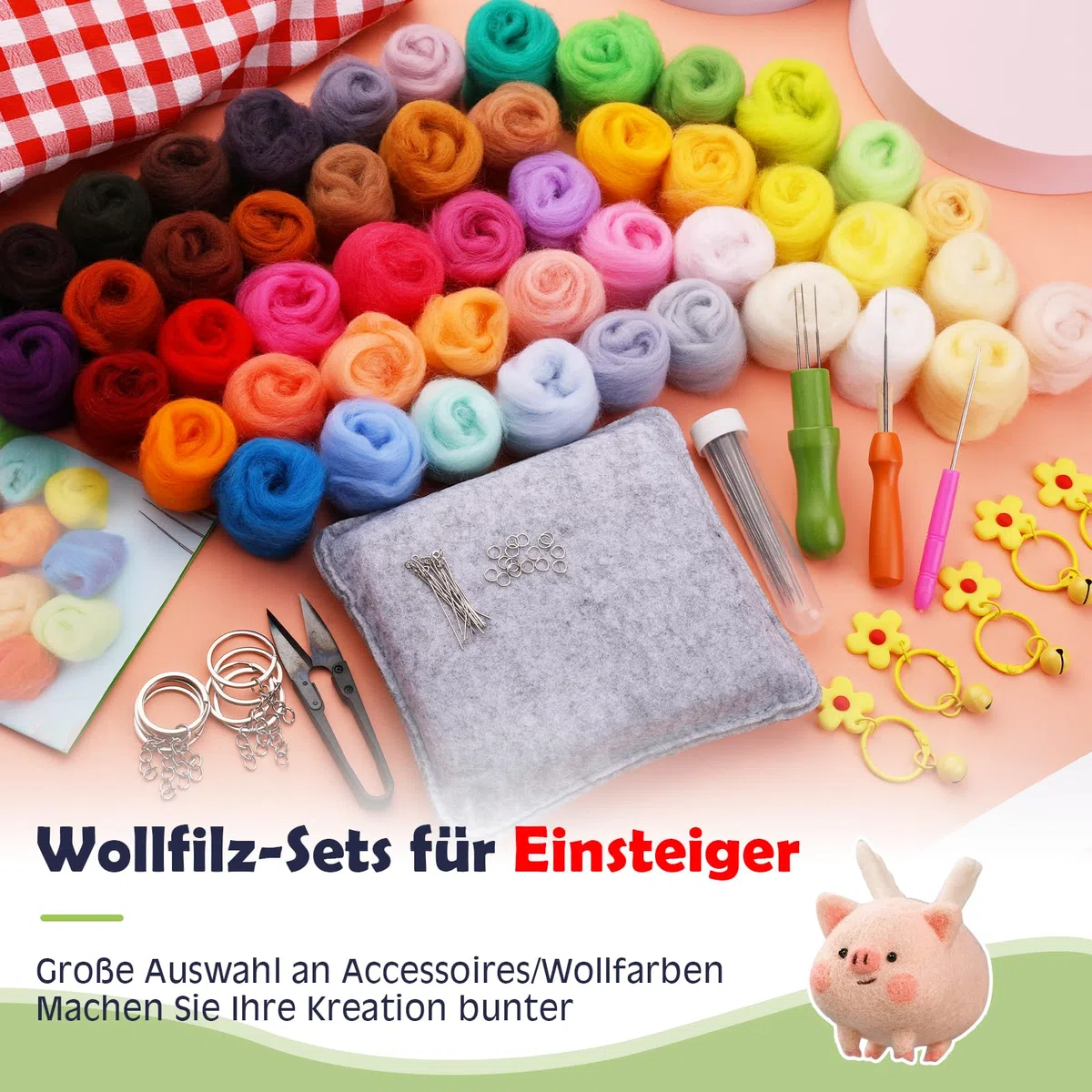 Wamkon nadelfilz set filznadeln zum trockenfilzen bestehend aus 48 Farben, filzset für anfänger mit Werkzeugen sowie einer Aufbewahrungsbox und Anleitung für Anfänger im Basteln