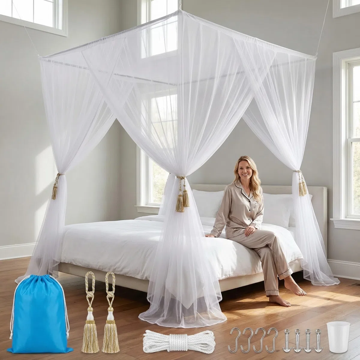 Moskitonetz Doppelbett und Einzelbett 190x210x240cm Moskitonetz Bett Mückennetz 4 Öffnungen Premium Mückenschutznetz mit Aufhängeset Mosquito Net Bed für Schlafzimmer Camping Reisen Weiß