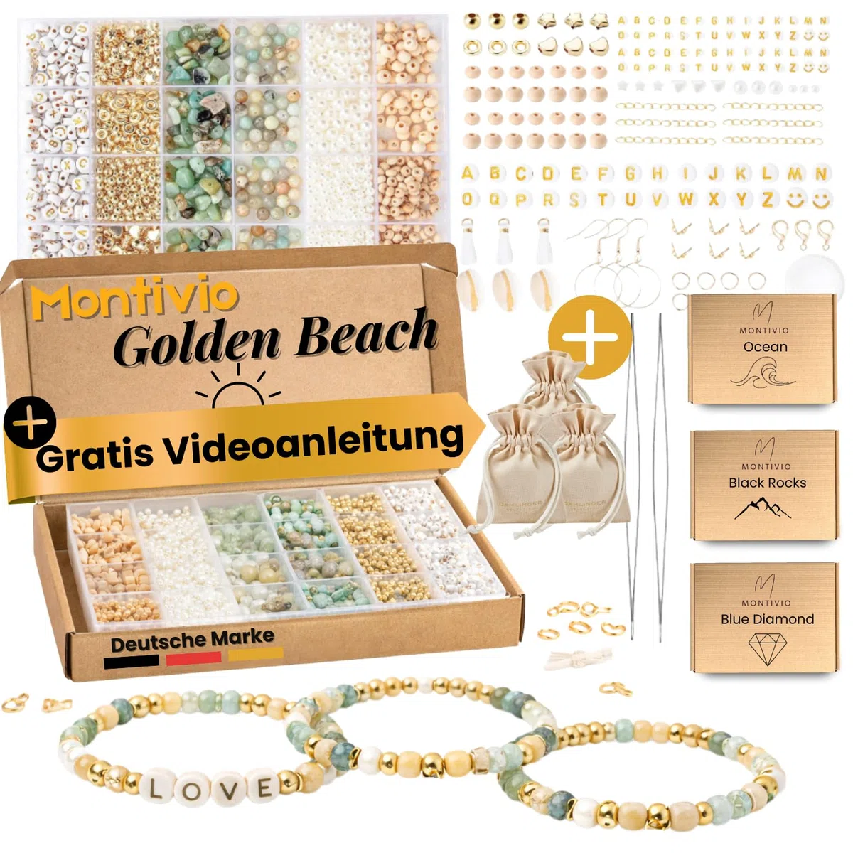 montivio Golden Beach, Natürliche Perlen, Naturstein, Amazonit perlen, Perlen für Armbänder, Perlenset mit Videoanleitung, Armbänder Selber Machen, Perlenset, Schmuck Selber Machen Set, Schmuck