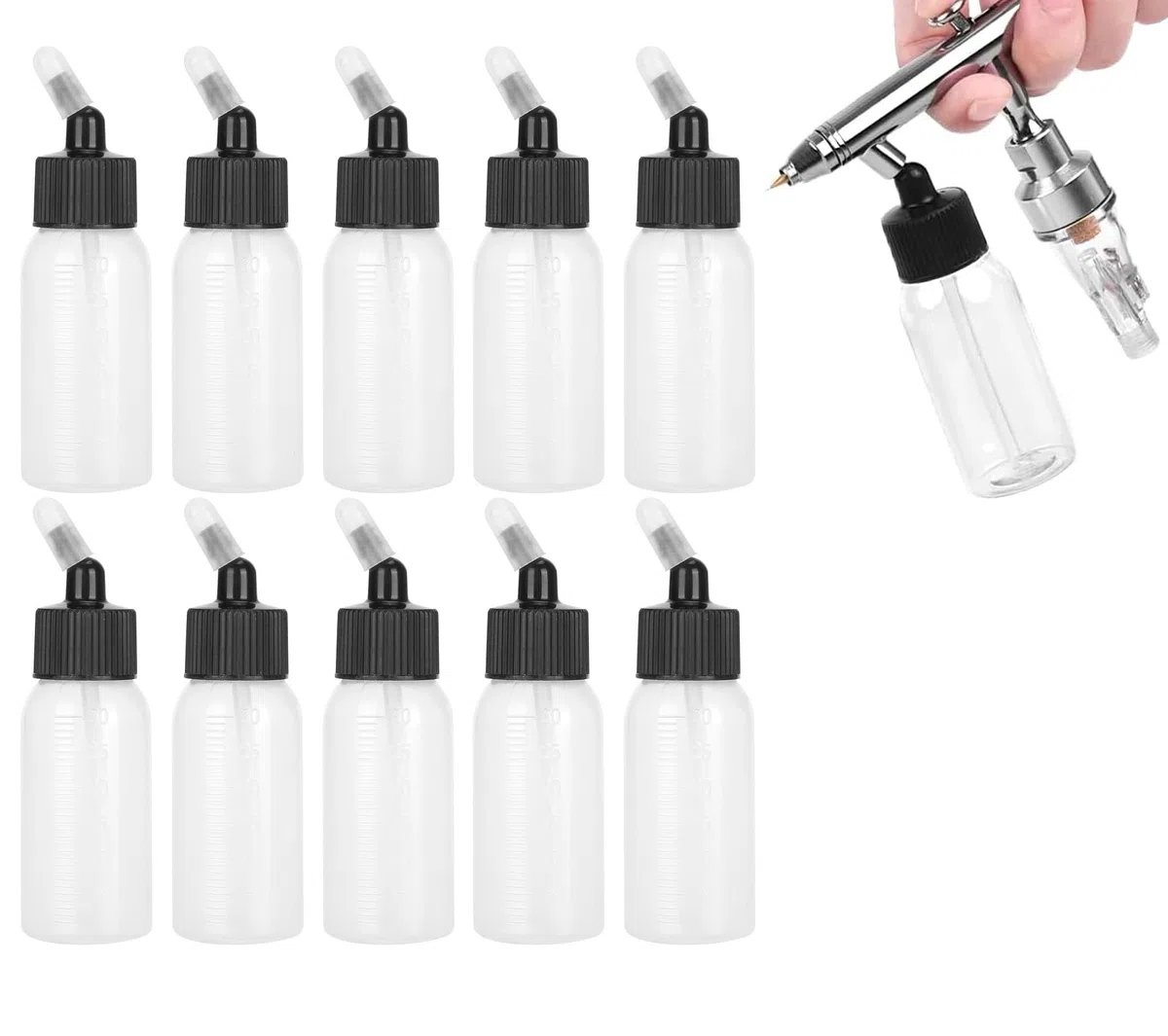 10x30ml Airbrush-Glasflaschen Set,Transparente Leerflaschen aus PP | Farbbehälter für Airbrus Pistolen mit Metallanschluss Zubehör für Modellbau und Lackierung