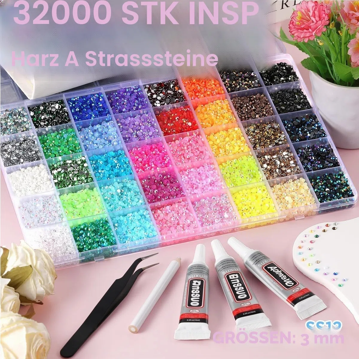 40 Farben 3mm Harz Jelly Strasssteine, 32000 Stück Flachrückseite Bastelsteine, Strass-Set zum Verzieren für Nägel, Schuhe, Handyhüllen, DIY Handwerk & Diamantkunst