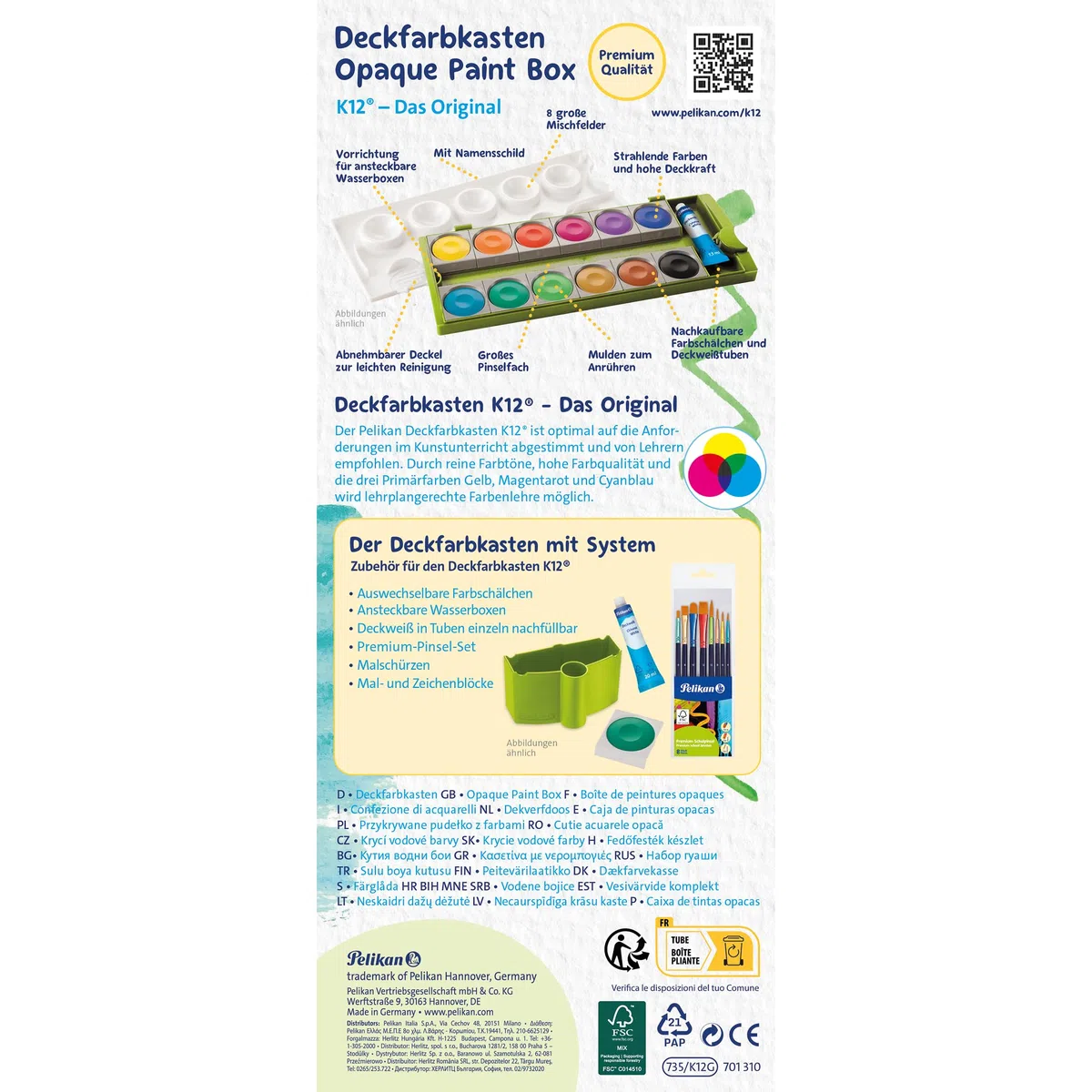 Pelikan Wasserbox 808246 für Deckfarbkasten Schul-Standard blau (Grün - Komplett-Set)