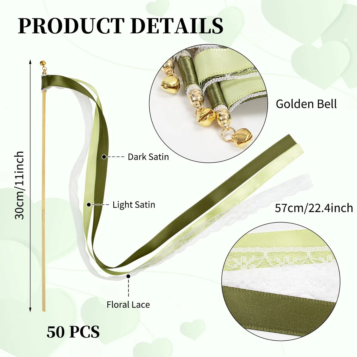 50 Stück Wedding Wands, Wedding Wands Sitzplan Hochzeit Luftschlangen mit Groß Glöckchen und Hochzeitsbändern, Zauberstäbe Seidenfeenstab für Hochzeiten, Geburtstage,Feiertagsfeiern (Grün)