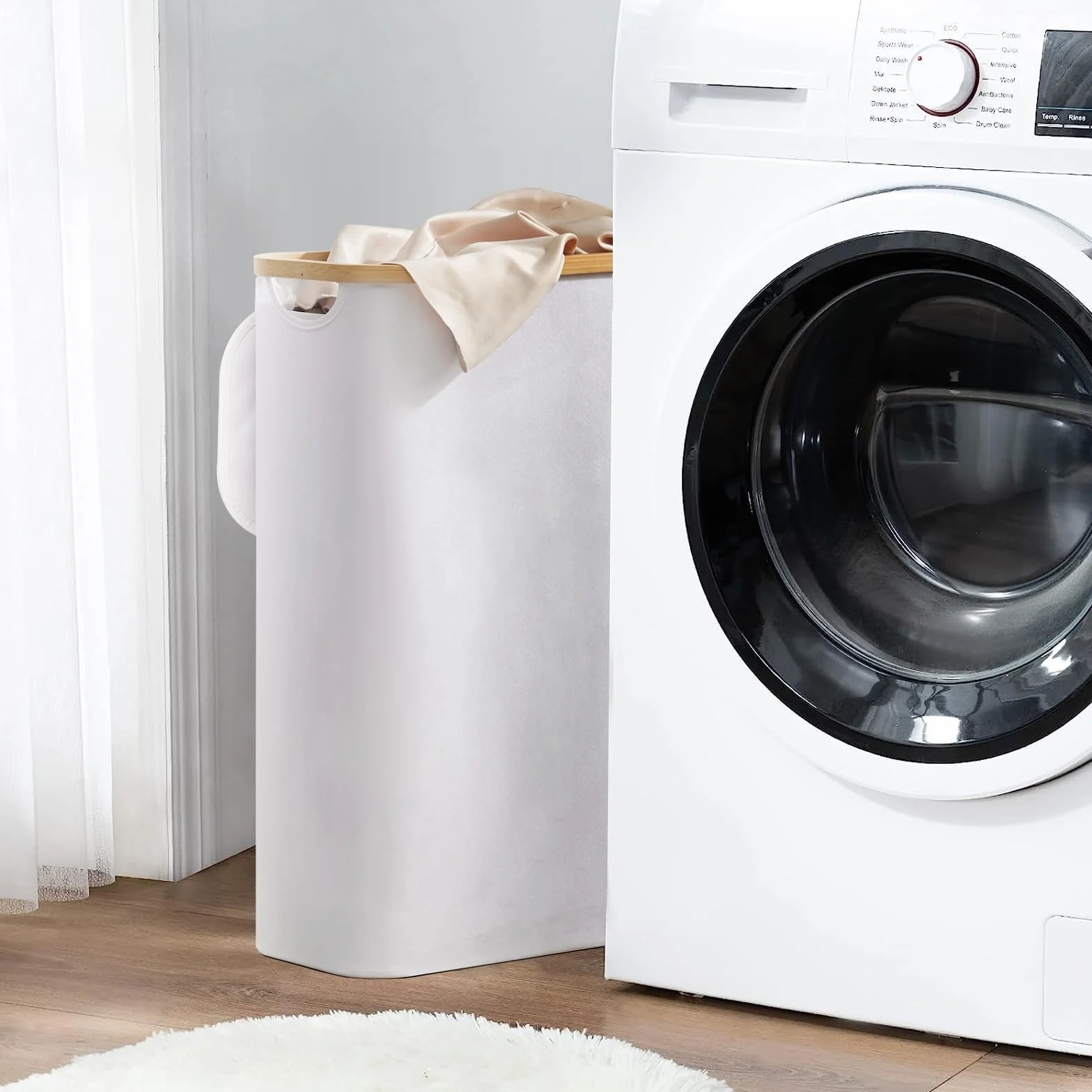YOUDENOVA Wäschekorb mit Deckel 48L Wäschesammler schmal mit Wäschesack faltbarer Wäschesortierer Holz Bambus Wäschetruhe hoch Laundry Baskets, Weiß