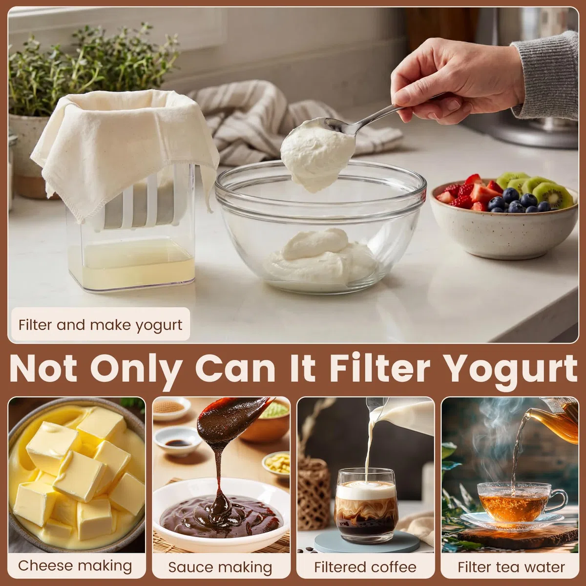 Joghurt Sieb Set 1100ML Griechischer Joghurt Käsesieb mit Edelstahl Feine Filtersiebe & Zeitanzeige Molketrenner mit Baumwolltüchern & Reinigungsbürste für Quark Käse Kaffee