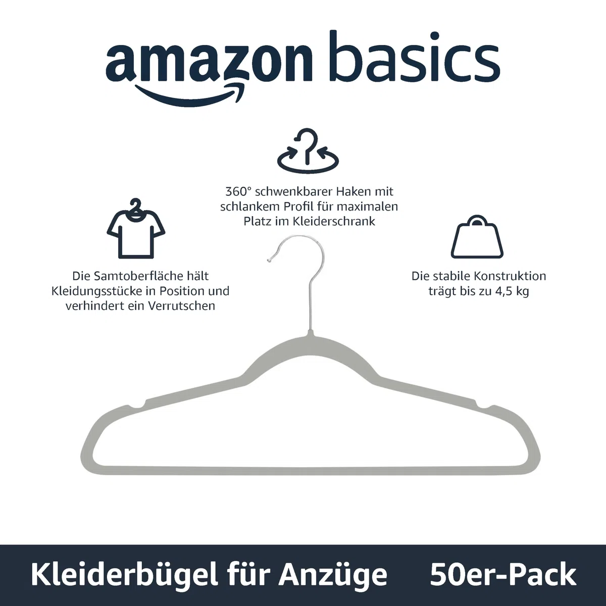 Amazon Basics Kleiderbügel aus Samt für Anzüge, grau, schmal, rutschfest, 50er-Pack