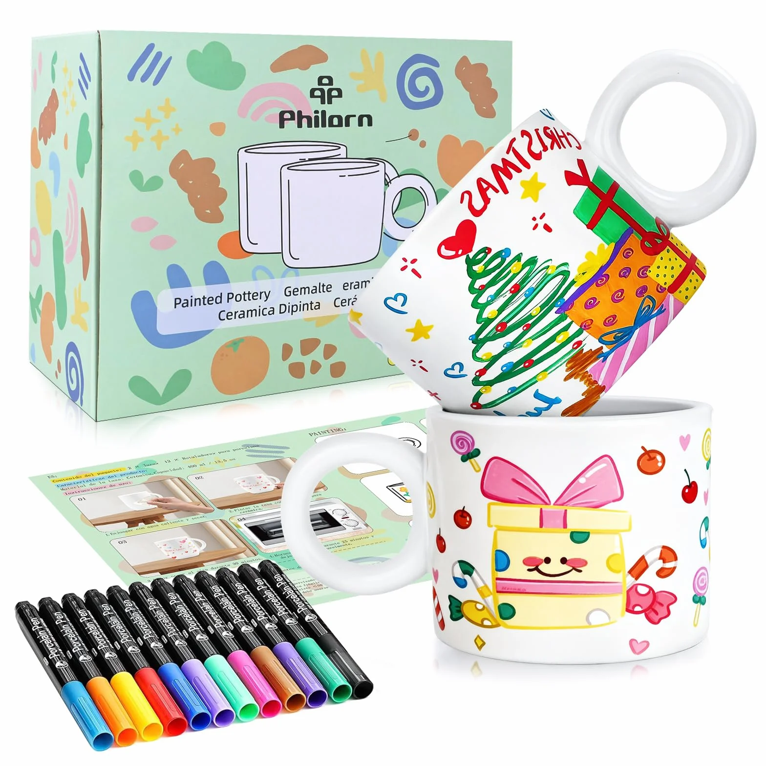 Philorn Keramik Tassen Bemalen Set DIY WeißE Porzellan Tassen Set mit 12 Ungiftige Porzellanstifte und Malinspirationen Kreatives Bastelset Erwachsene DIY Geschenk