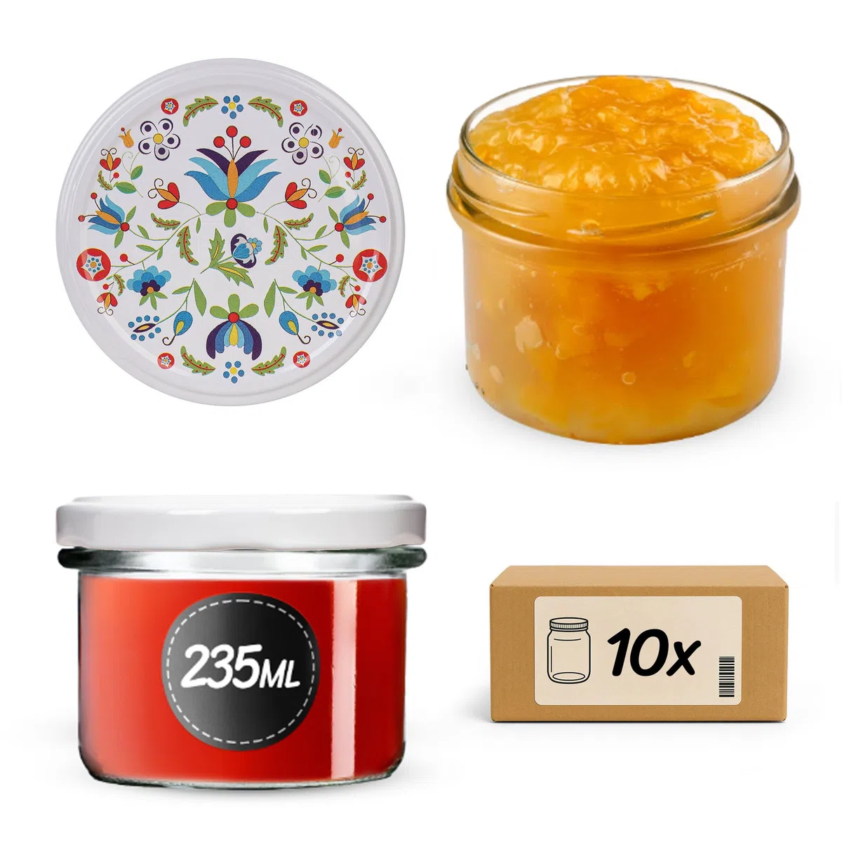 KADAX 10er Set Einmachgläser 235ml Ø82mm Blumenmuster – für Marmelade, Honig, Konfitüre, Aufstriche | mit Schraubdeckel, luftdicht & spülmaschinenfest | Geschenkgläser zum Einkochen
