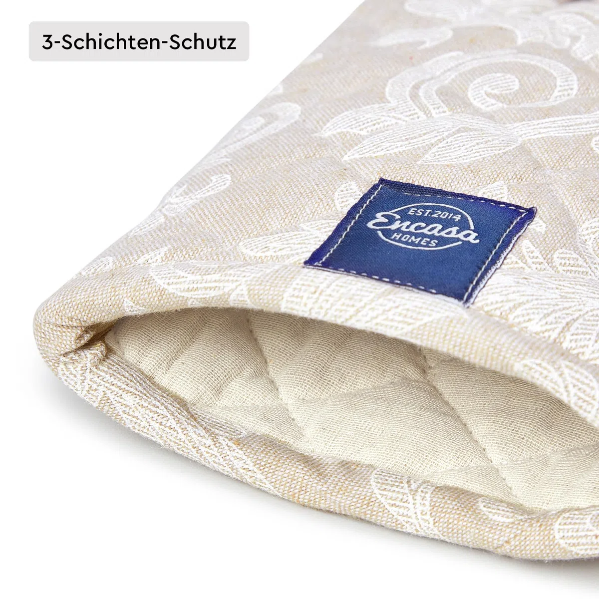Encasa XO Ofenhandschuhe Hitzebeständig | Mikrowellenkoch-Mitten Für Backen & Küchengebrauch | 18x30 cm | Baumwollutensilienhalter - Chambray-Stoff (Packung Mit 2, Beige)