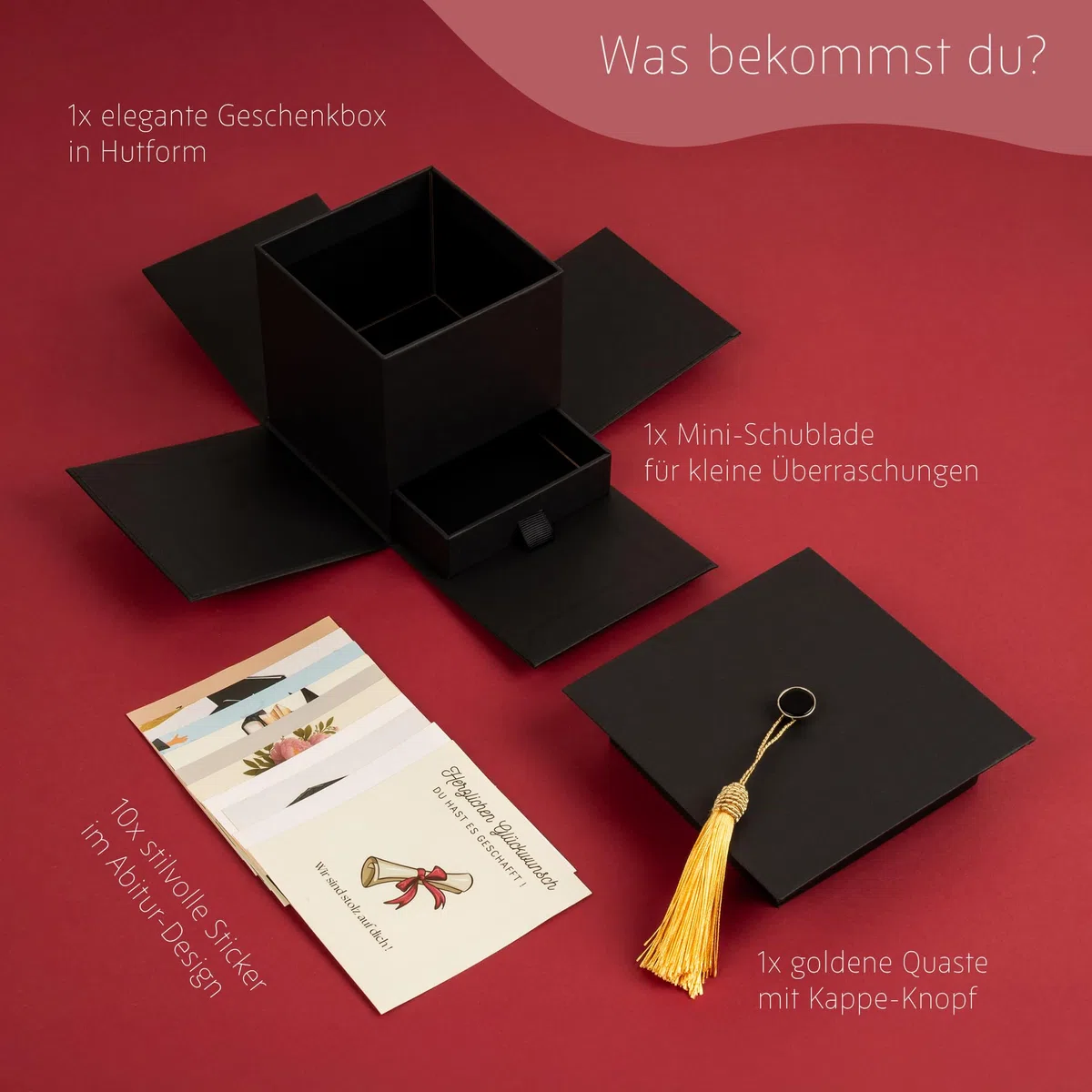 Explosionsbox – Abschluss Geschenk, Geschenkbox Abitur, Abi Bachelor Master Uni Schulabschluss Geschenke, Überraschungsbox, Doktorhut, Graduiertenhut, Geldgeschenk, Graduation Deko, Suprise Box