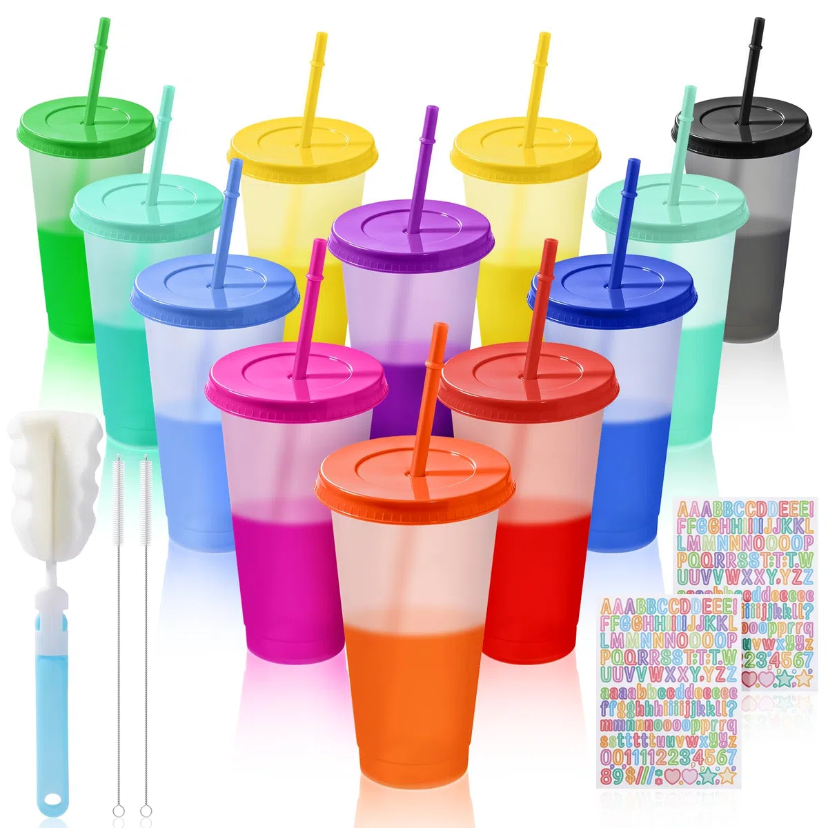 12 Stück Trinkbecher mit Deckel und Strohhalm Kinder Erwachsene 24OZ 710ML Farbwechsel Becher mit Deckel und Strohhalm Plastikbecher Kunststoffbecher Wiederverwendbare für Party Geburtstag Festival