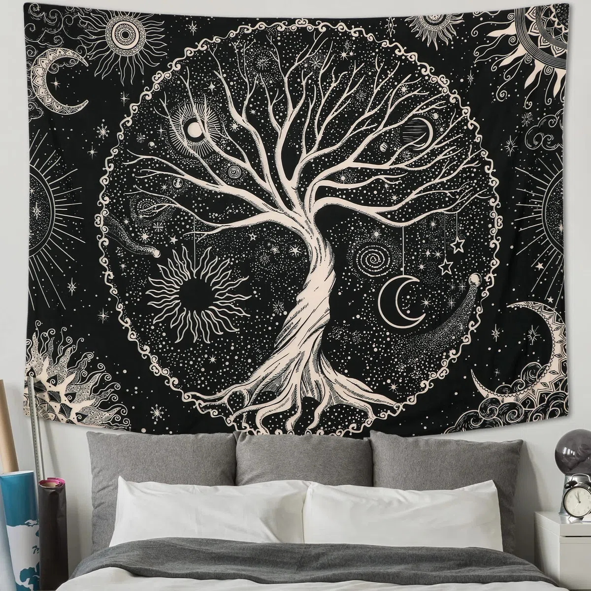 Betylifoy Baum des Lebens Tapisserie Mond und Sonne Schwarzer Wandbehang Psychedelisches Mandala Sternenhimmel Wandteppich Hippie Schlafzimmer (148x200cm)
