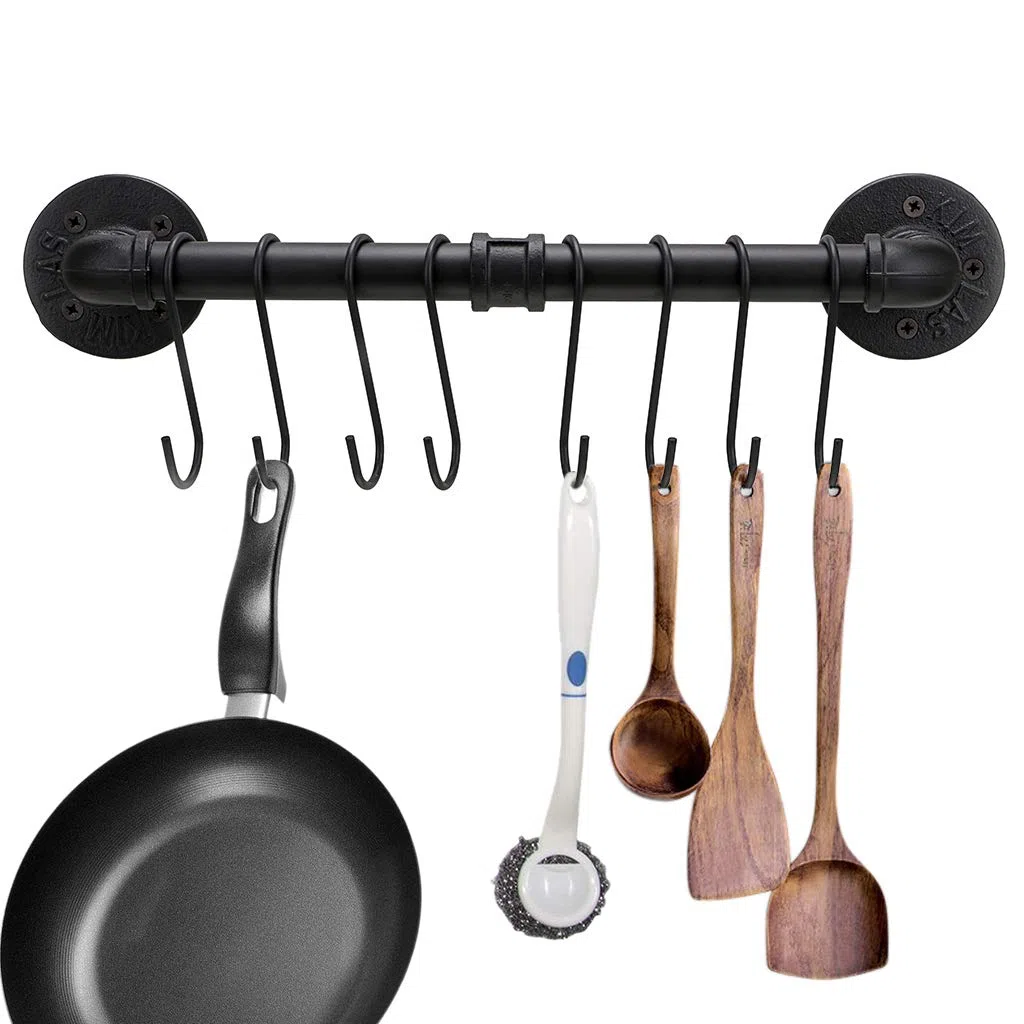BTSKY 40 cm industrielles Rohrpfannenregal mit 8 Haken – Wandmontage, Küchenutensilien, Kochgeschirr, Aufhänger, Organizer, Küchenutensilien, Deckel, Handtuchhalter