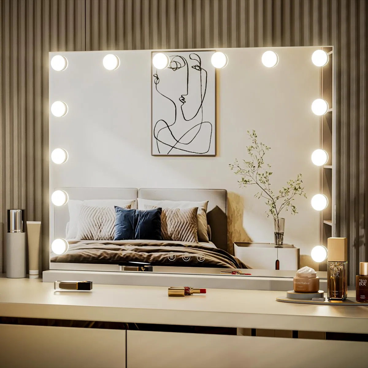 Hollywood Schminkspiegel mit Beleuchtung, Tischspiegel mit 14 LED Licht Dimmbar, 3 Farbtemperatur, Wandspiegel mit Touchscreen, Touch Control für Tochter, 51x42cm